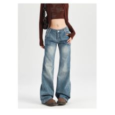 批发美式复古阔腿牛仔裤女冬季新款高腰<b class='q'>时尚</b>百搭水洗做旧直筒拖地裤子