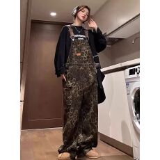 批发美式复古豹纹<b class='q'>背带裤</b>女2025新款港风设计感小众可调节拖地阔腿裤子