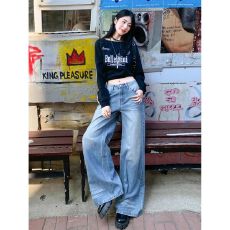 韩版蓝色水洗阔腿牛仔裤女2025冬季新款高腰显瘦宽松直筒拖地裤