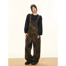 冬季美式复古多口袋豹纹牛仔背带裤修身美式街头休闲裤连体裤女