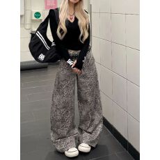 美式复古豹纹弯刀牛仔裤女春秋高腰宽松直筒梧桐阔腿拖地镰刀裤子