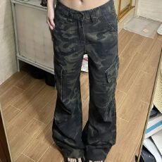 批发高腰显瘦迷彩工装牛仔裤女2026春夏新款直筒阔腿裤长裤<b class='q'>裤子</b>