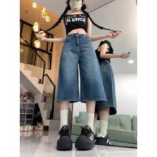 批发2026春夏季新款美式复古水洗做旧质感高腰宽松阔腿<b class='q'>七分</b>牛仔裤女潮