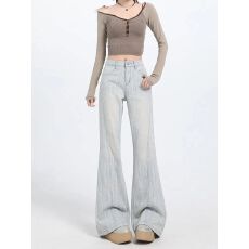 批发浅色不规则高腰微喇牛仔裤女2026春季新款设计感提花宽松喇叭<b class='q'>裤子</b>