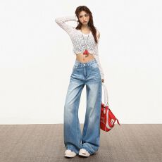 批发大码设计感做旧水洗<b class='q'>牛仔</b>裤<b class='q'>女</b>2026春季新款复古宽松显瘦拖地阔腿<b class='q'>裤</b>