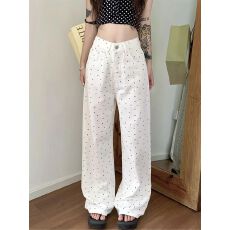 批发美式黑色波点碎花阔腿<b class='q'>牛仔</b>裤<b class='q'>女</b>2026早春宽松直筒高腰显瘦拖地裤子