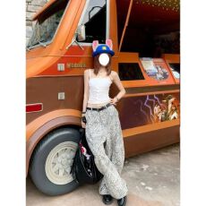 批发小众设计感豹纹印花<b class='q'>牛仔</b>裤<b class='q'>女</b>春夏新款松弛感慵懒高腰垂坠感弯刀裤