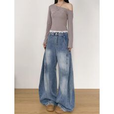 批发2026美式复古弯刀水洗高腰阔腿<b class='q'>牛仔裤</b>女显瘦宽松直筒裤垂感长裤