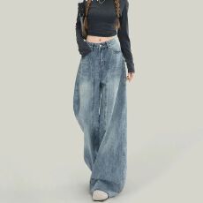 批发百搭街头<b class='q'>个性</b>阔腿牛仔裤女春夏季新款高腰显瘦<b class='q'>时尚</b>宽松拖地牛仔裤