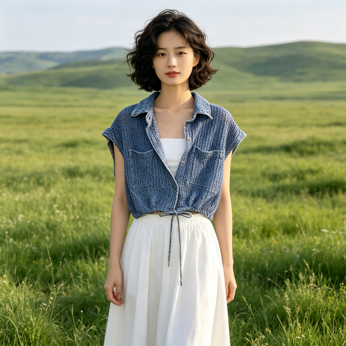 2026 새로운 파란색 데님 조끼 여자 디자인 센스 밑단 펌프 로프 다용도 외출용 루즈핏 어깨 맨위