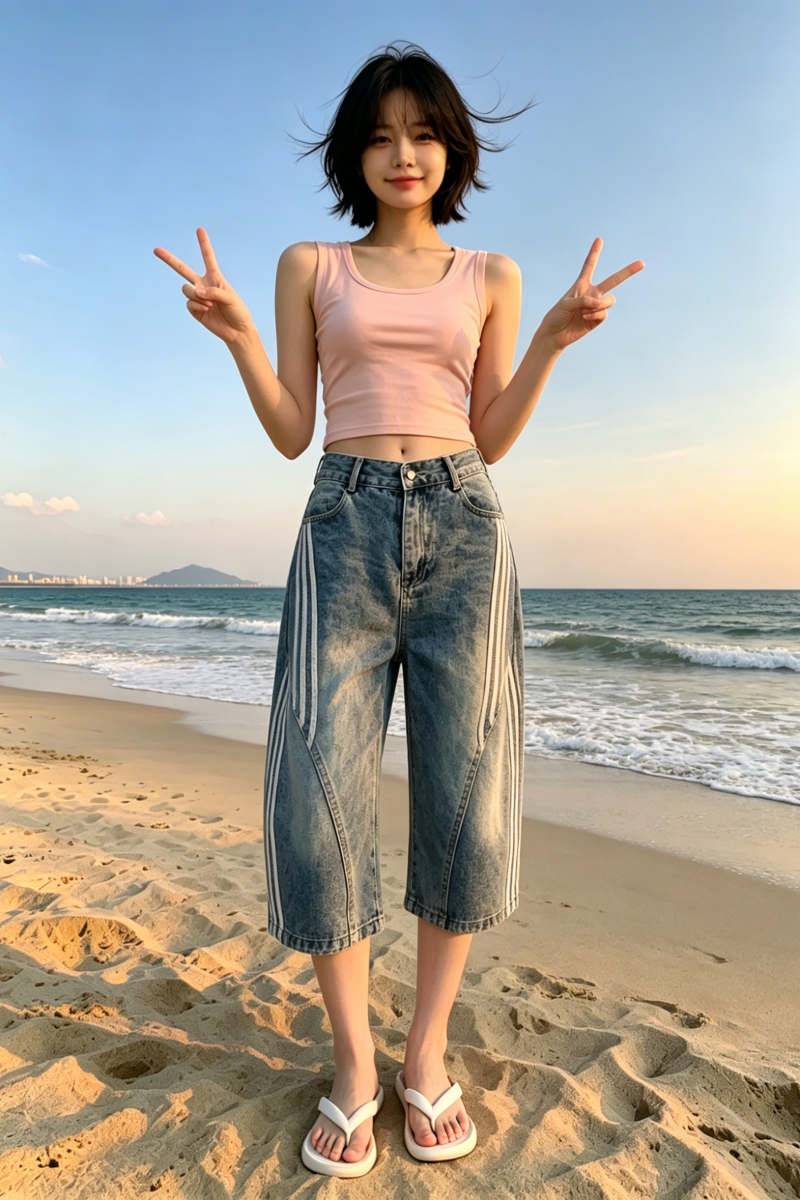 아메리칸 레트로 워싱 모통이 칼 청바지 여성 2026 여름 디자인 센스 스트라이프 패치워크 하이웨이스트 넓은 다리 7부 바지