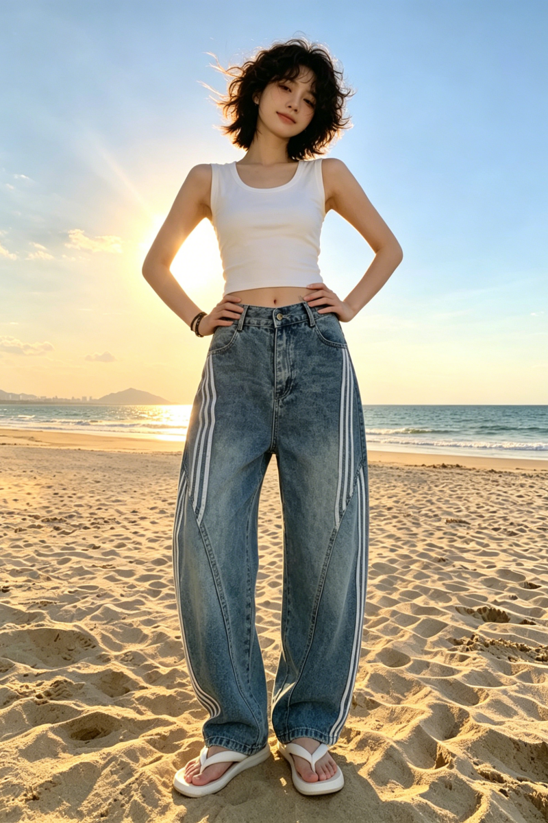 레트로 아메리칸 거리 워싱 스트라이프 패치워크 청바지 디자인 센스 3개 바 해체 모통이 칼 넓은 다리 길이 바지 트렌디