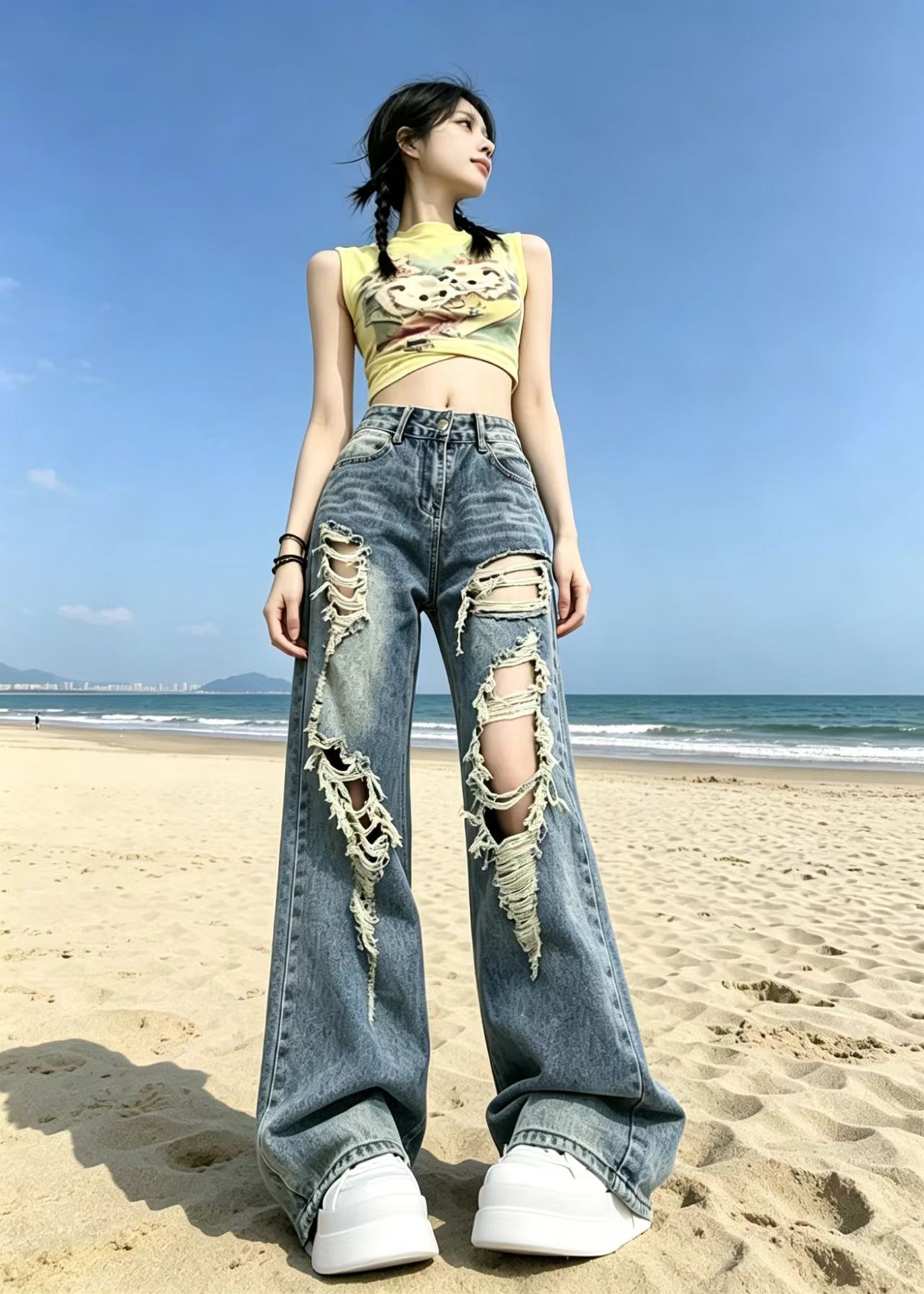 2026 여름 찢어진 부분 넓은 다리 청바지 여성 하이웨이스트 아메리칸 새로운 레트로 루즈핏 스트레이트 바닥 청소 바지 트렌디