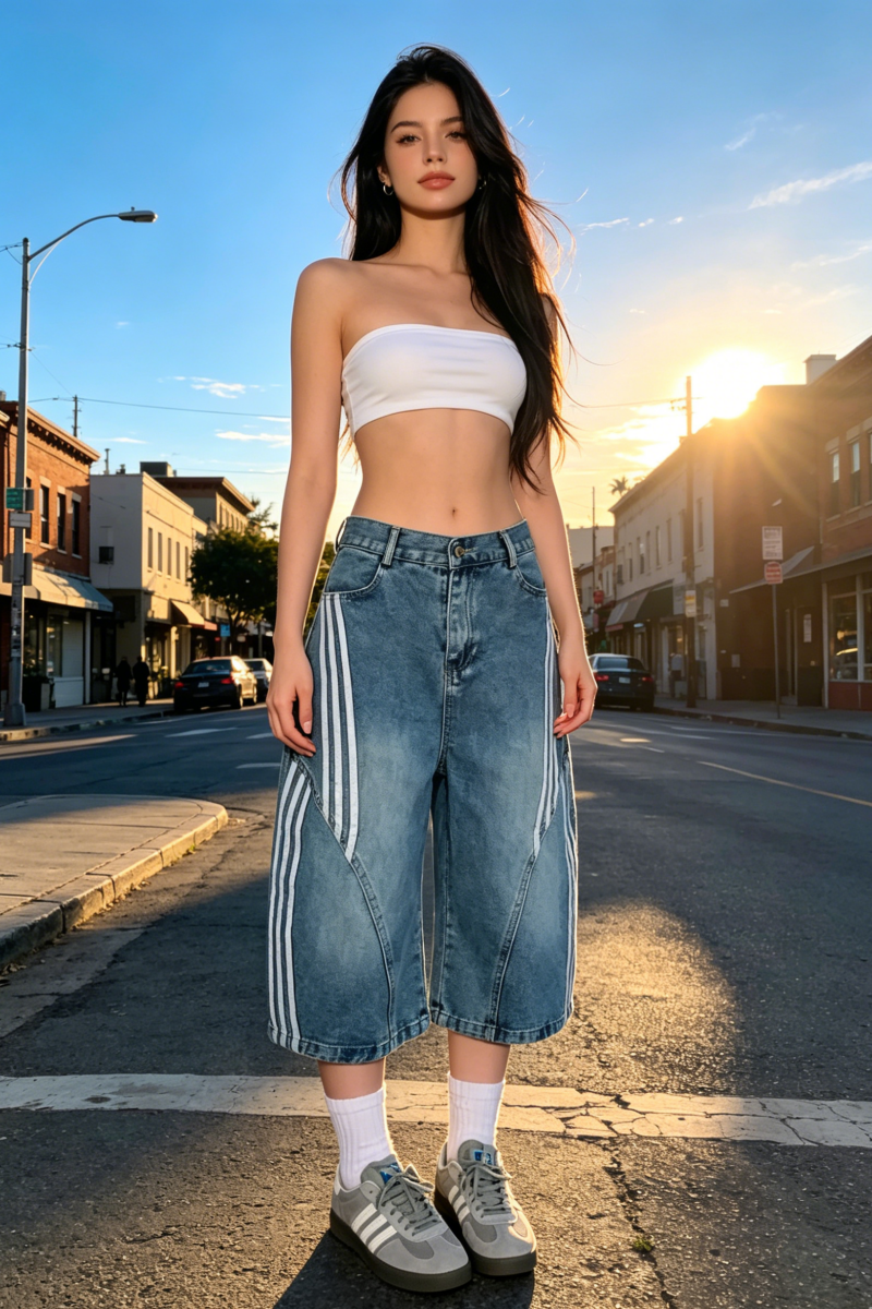 2026 아메리칸 레트로 워싱 모통이 칼 청바지 반바지 여성 디자인 센스 스트라이프 패치워크 하이웨이스트 넓은 다리 7부 바지