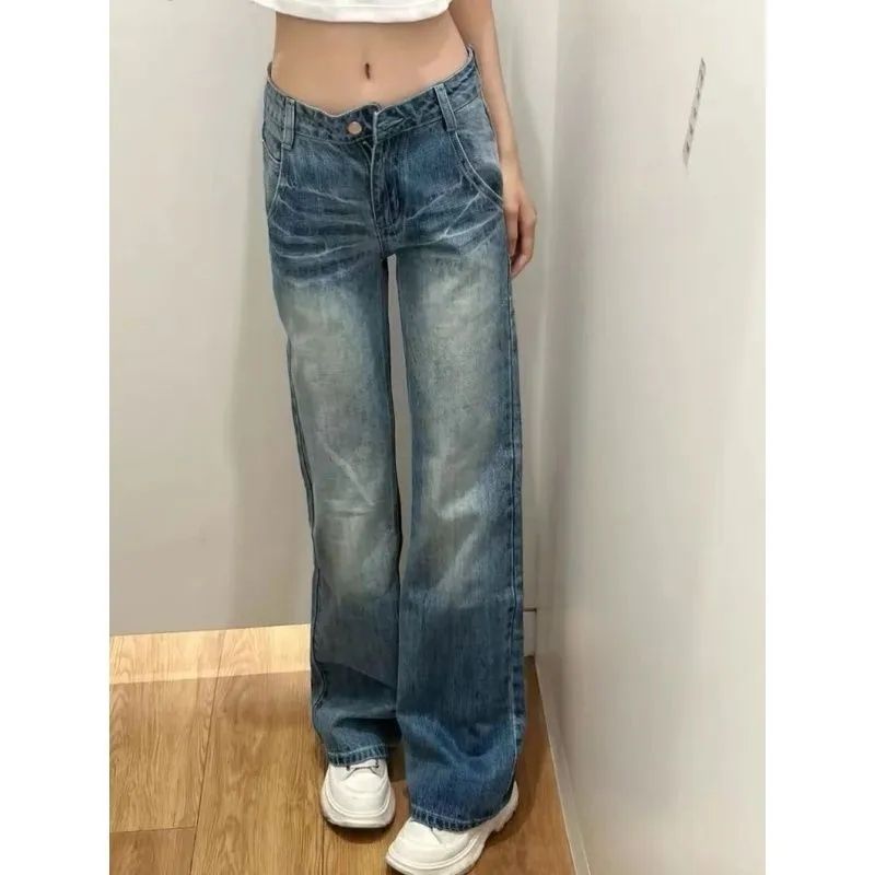 아메리칸 레트로 높음 거리 워싱 청바지 여성 봄 여름 새로운 넓은 다리 루즈핏 다용도 스트레이트 슬림해 보이는 바닥 청소 바지