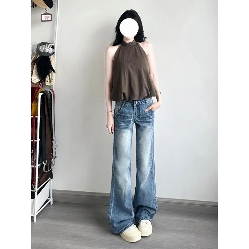 작은 대중 디자인 센스 청바지 여성 여름 새로운 학생 다용도 하이웨이스트 루즈핏 슬림해 보이는 스트레이트 바닥 청소 와이드 레그 팬츠