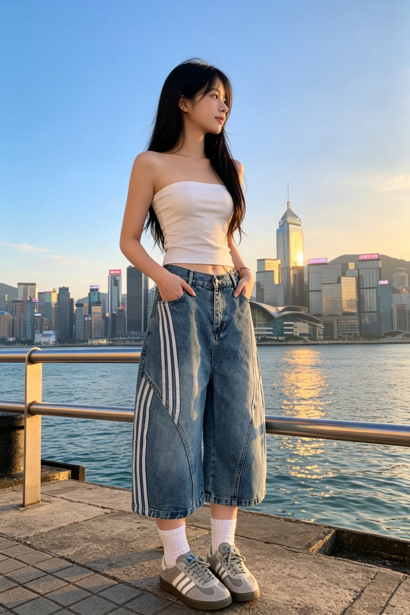 2026 아메리칸 레트로 워싱 모통이 칼 청바지 반바지 여성 디자인 센스 스트라이프 패치워크 하이웨이스트 넓은 다리 7부 바지