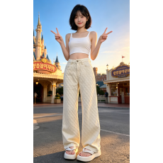 批发2026夏季设计风格直筒<b class='q'>牛仔裤</b>提花新款杏色宽松显瘦阔拖地裤子