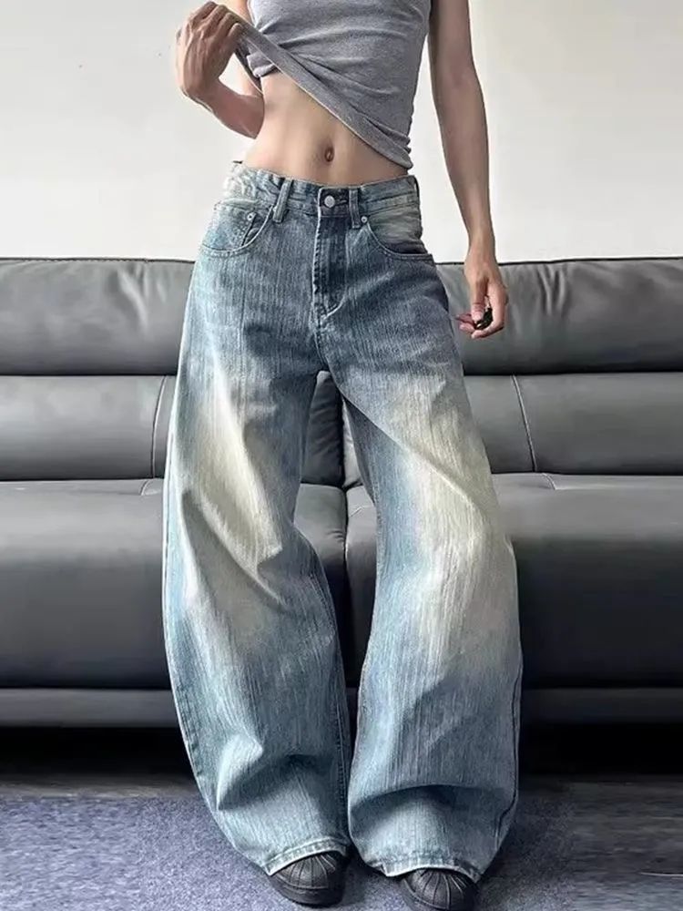 아메리칸 모통이 칼 대나무 마디 곡물 넓은 다리 청바지 여성 여름 2026 새로운 밝은색 하이웨이스트 슬림해 보이는 스트레이트 바닥 청소 바지