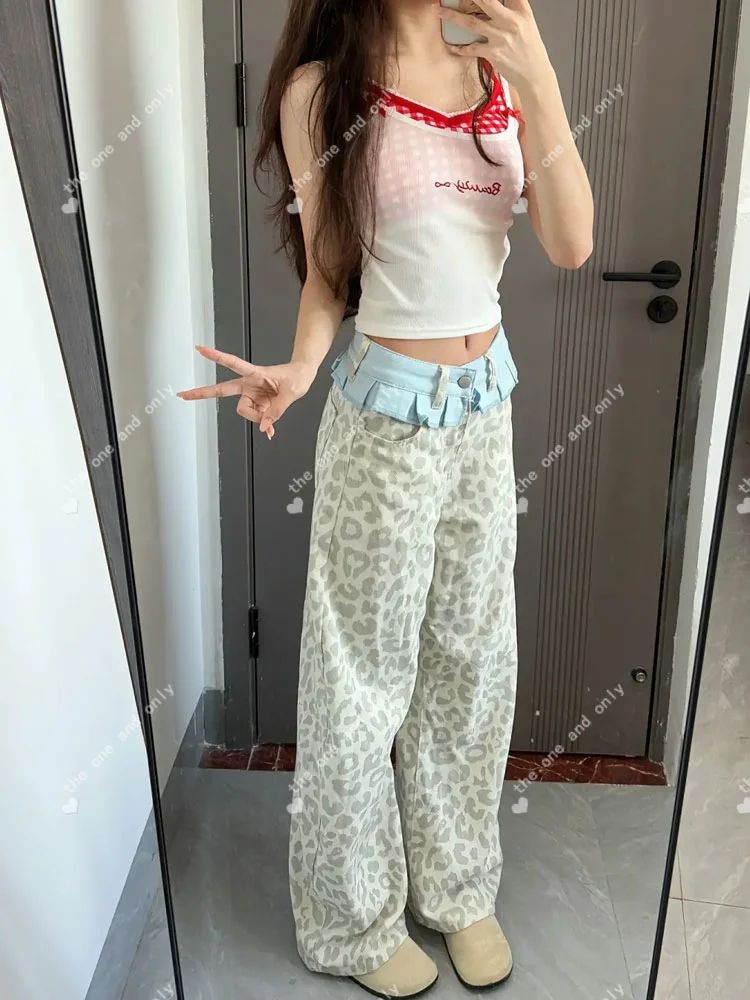 아메리칸 레트로 워싱 파란색 레오파드 무늬 캐주얼 바지 아이들 여름 폭발 핫걸 나만의 것을 가져와 라. 작은 치마 ~ 중 바닥 청소 바지