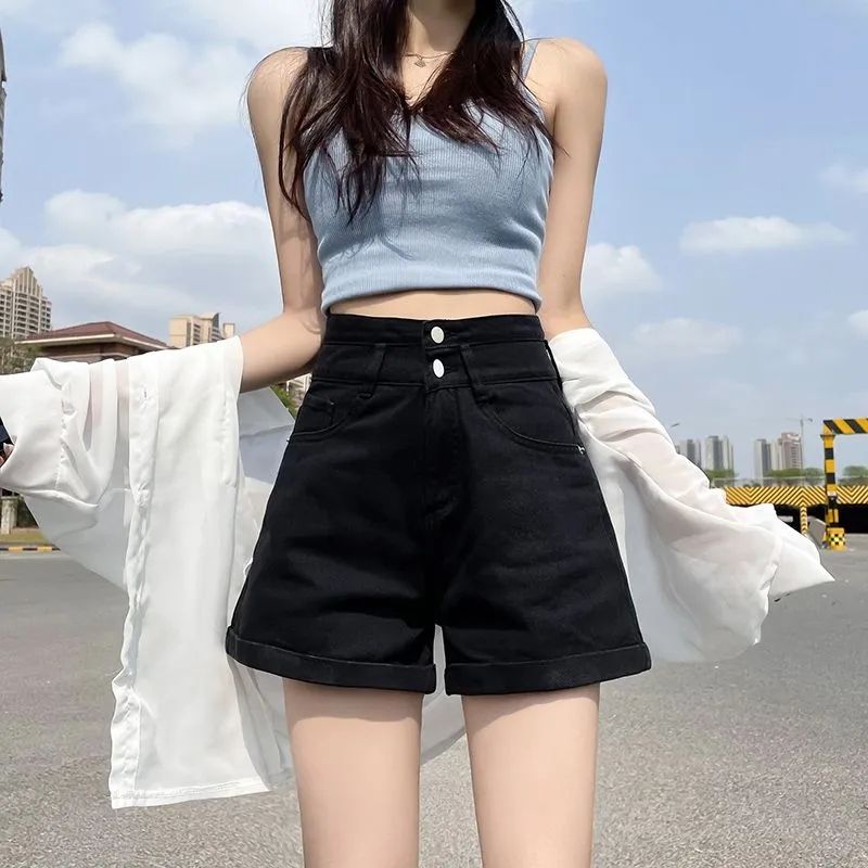 더블 버클 개성 미니멀리즘 스트레이트 데님 반바지 여성 여름 새로운 루즈핏 볼륨 측면 넓은 다리 데님 뜨거운 반바지 트렌디