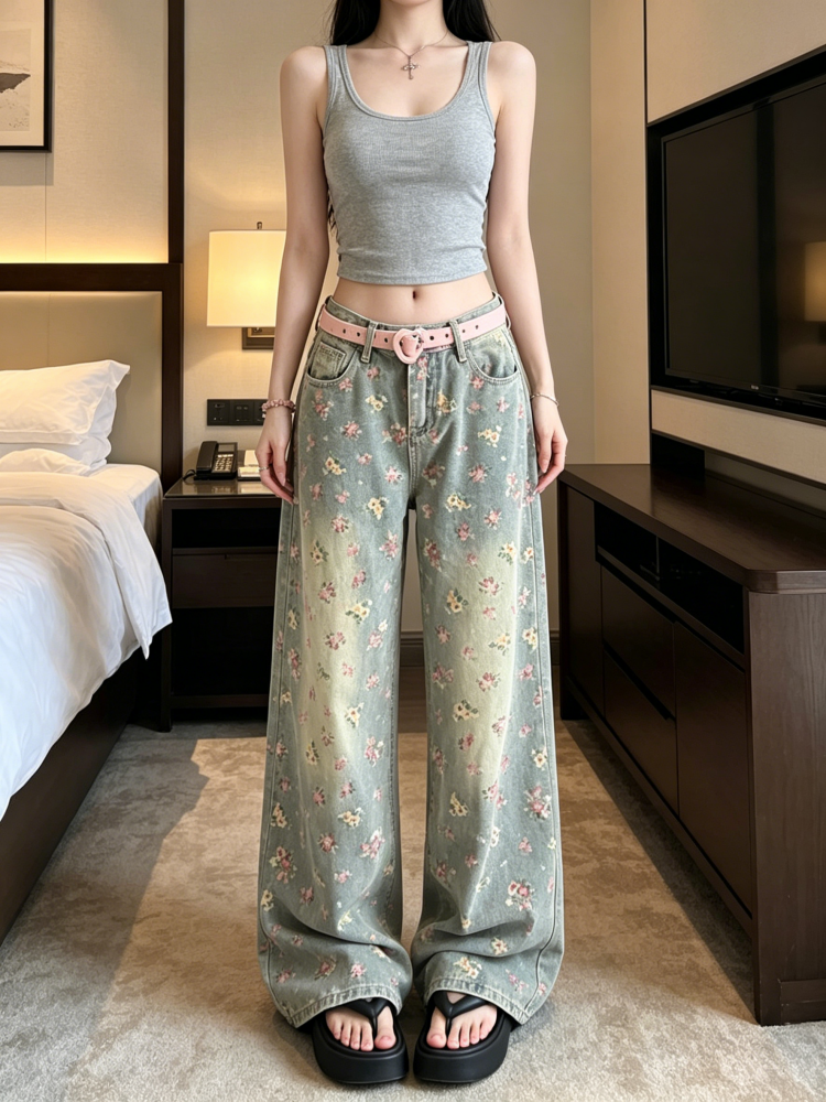 아메리칸 레트로 워싱 꽃무늬 전체 인쇄 청바지 여성 여름 디자인 센스 하이웨이스트 루즈핏 슬림해 보이는 스트레이트 와이드 레그 팬츠