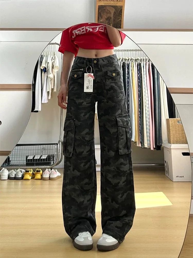 높음 거리 레트로 카모플라주 스트레이트 워크웨어 청바지 여성 새로운 아메리칸 기타 주머니 루즈핏 슬림해 보이는 와이드 레그 팬츠 어린이
