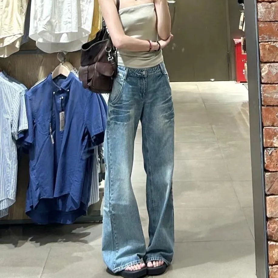 아메리칸 거리 vibe 바람 루즈핏 스트레이트 바닥 청소 바지 여성 cleanfit 레트로 워싱 주름 다용도 청바지