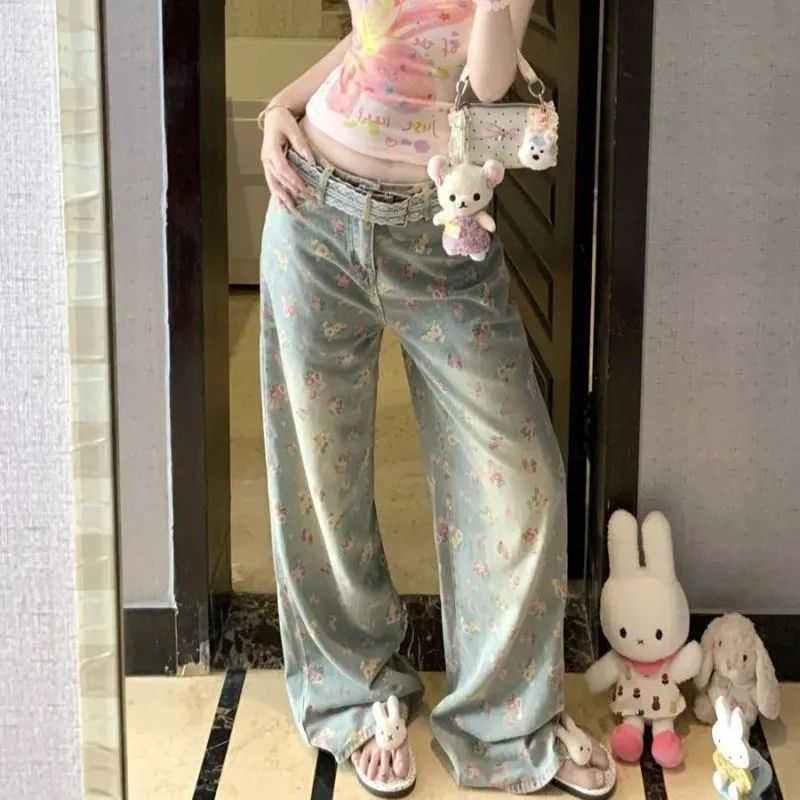 아메리칸 레트로 꽃무늬 하이웨이스트 단추 지퍼 청바지 여성 여름 디자인 센스 마 오래된 워싱 다용도 긴 바지 트렌디