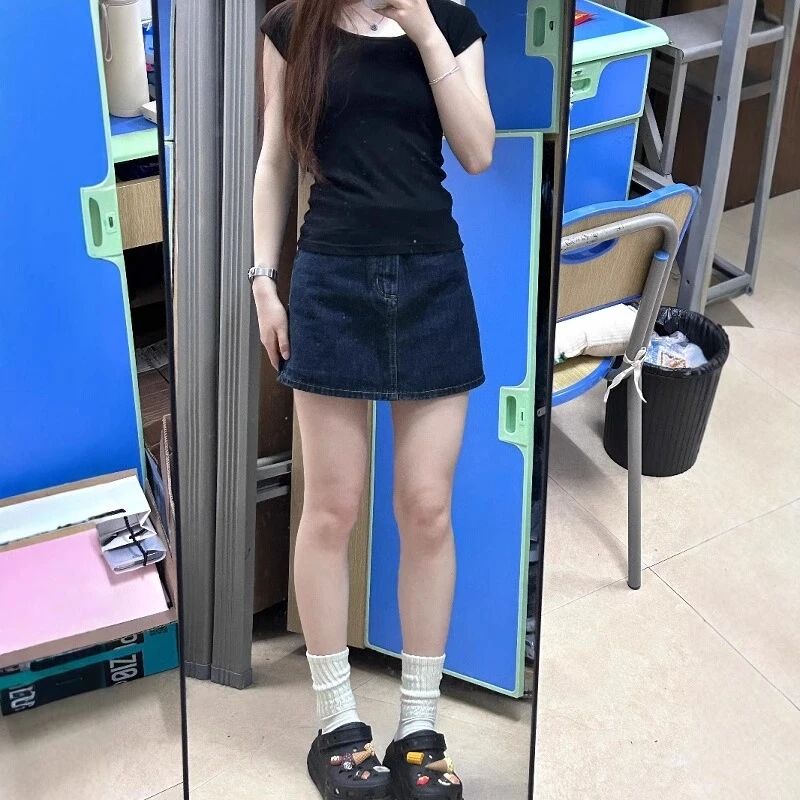 레트로 데님 반신 스커트 여성 여름 2026 년 새로운 빅 사이즈 지방 mm 하이웨이스트 슬림해 보이는 표지 고기 한 마디 짧은 치마바지