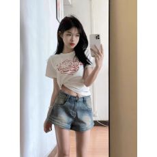 批发日韩复古夏季美式辣妹做旧<b class='q'>牛仔</b>裤女包臀a字超短热裤紧身<b class='q'>高腰</b>显瘦