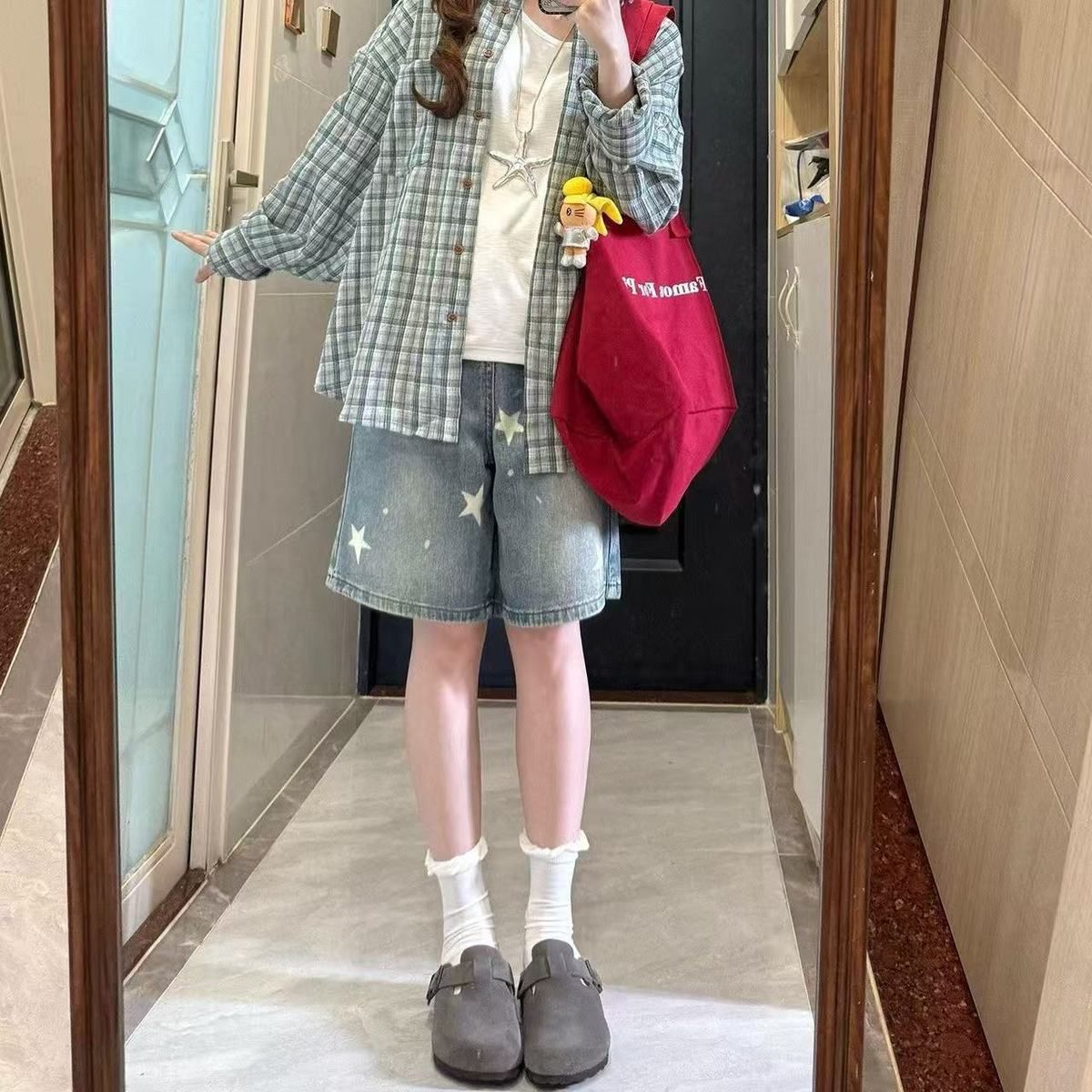 작은 키 핫걸 아메리칸 루즈핏 별 데님 반바지 5 점 거리 워싱 스트레이트 다용도 슬림해 보이는 바지 트렌디