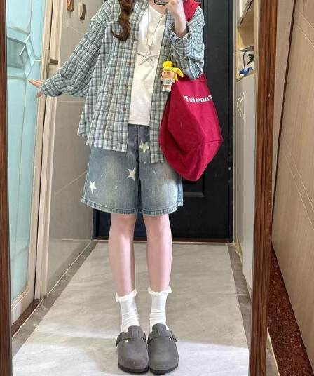 작은 키 핫걸 아메리칸 루즈핏 별 데님 반바지 5 점 거리 워싱 스트레이트 다용도 슬림해 보이는 바지 트렌디