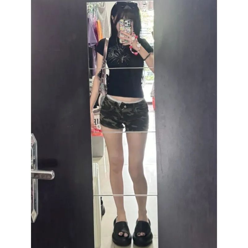 아메리칸 레트로 카모플라주 거친 가장자리 데님 초단바지 여성 여름 새로운 핫걸 로우 웨이스트 슬림해 보이는 타이트 스커트 뜨거운 바지 트렌디