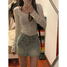 批发美式复古水洗高腰牛仔半身裙女夏季辣妹高腰显瘦遮胯短裙包臀裙裤