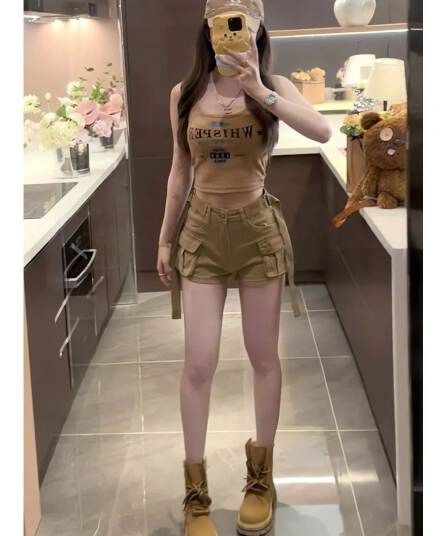 여름 아메리칸 레트로 핫걸 워크웨어 빅 포켓 데님 반바지 여성 한 마디 허리 수축 슬림해 보이는 루즈핏 넓은 다리 핫 바지