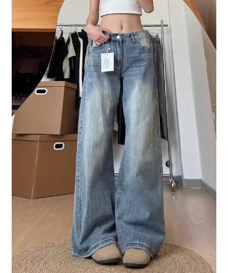 아메리칸 모통이 칼 대나무 마디 곡물 넓은 다리 청바지 여성 2026 여름 새로운 밝은색 하이웨이스트 슬림해 보이는 스트레이트 청바지