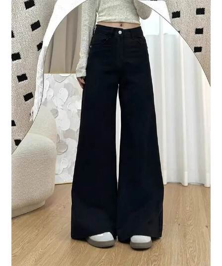 검정색 하이 웨이스트 청바지 여성 봄 여름 섹션 루즈핏 한국 스타일 빅 사이즈 슬림해 보이는 학생 스트레이트 넓은 다리 바닥 청소 트렌디 긴 바지
