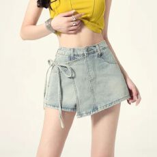 批发设计感假两件抽绳<b class='q'>牛仔</b>短裙夏洋气高腰显瘦半身裙a字包臀<b class='q'>牛仔</b>裙裤