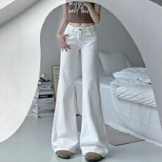 批发美式复古白色微喇牛仔<b class='q'>裤</b>女2026秋季新款高腰修身显瘦喇叭拖地<b class='q'>裤</b>