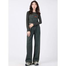 批发美式复古水洗<b class='q'>牛仔</b>背带裤女2026秋季宽松工装设计感直筒<b class='q'>连体裤</b>子