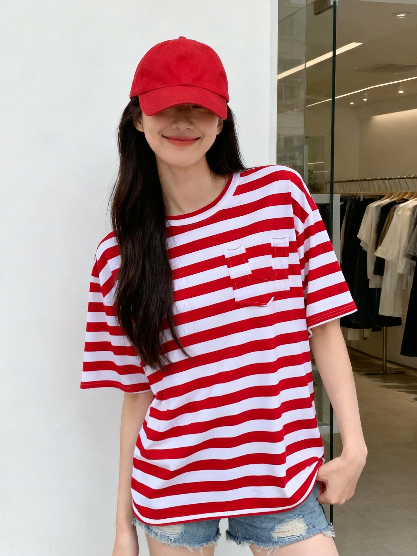 RY1827# 2026年夏季新款 红白条纹复古海魂度假风 宽松T恤女 慵懒女T恤