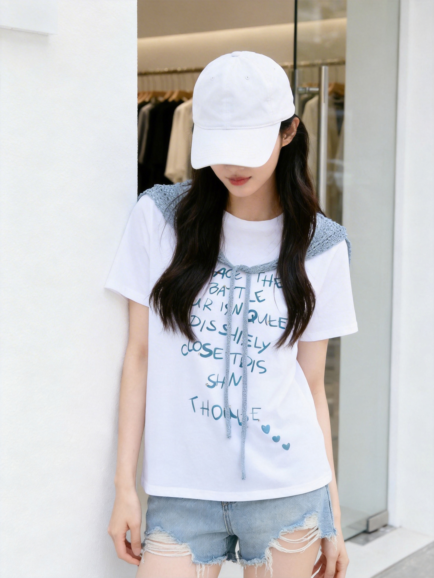 RY1825# 2026年夏季新款多巴胺穿搭短袖T恤可拆卸针织披肩设计感小众T恤女