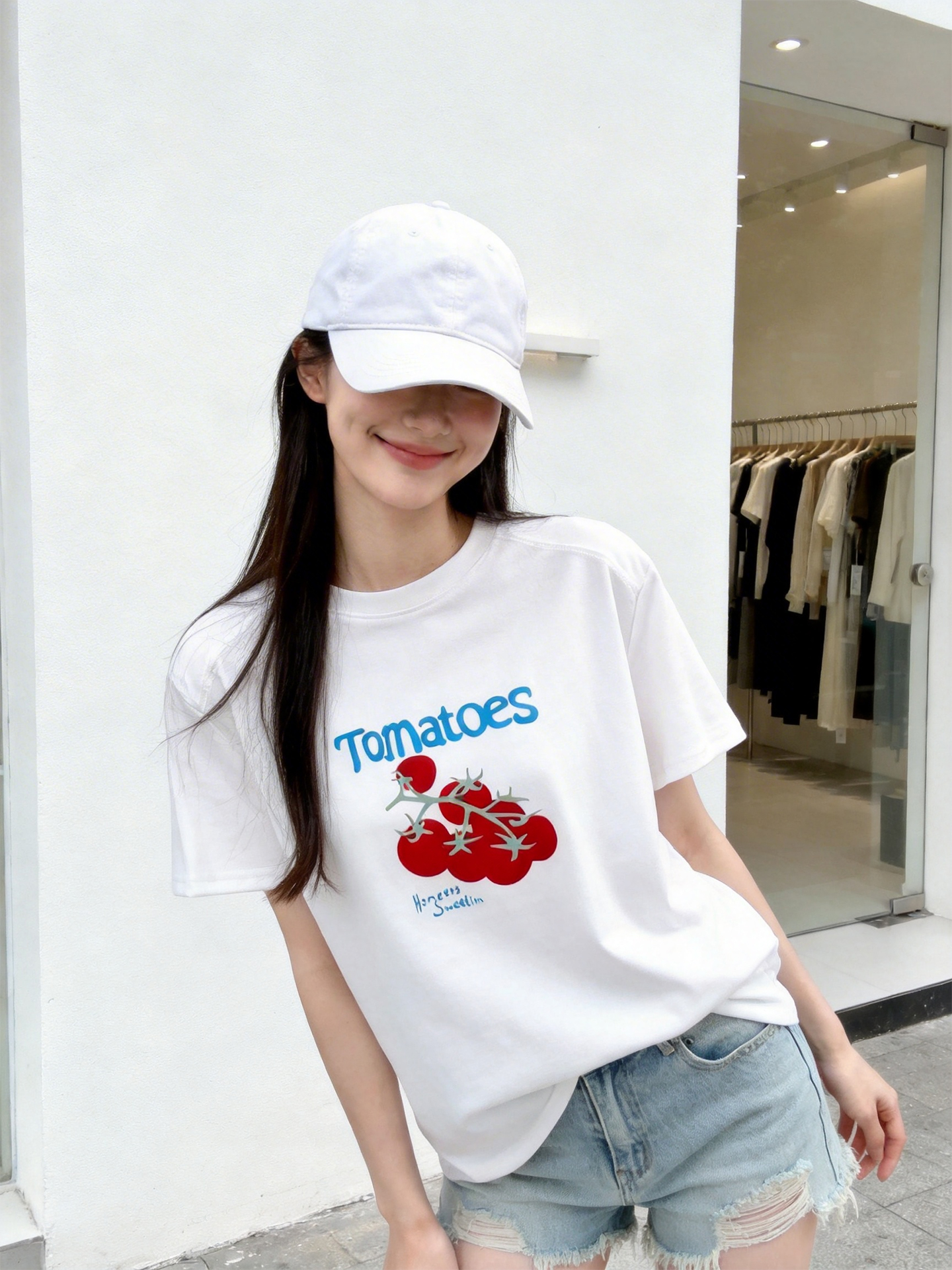 RY1824# 2026年植绒番茄印花白色T恤女夏 多巴胺撞色软糯亲肤宽松短袖上衣