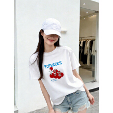 批发2026年植绒番茄印花白色T恤女夏 多巴胺撞色软糯亲肤宽松短袖上衣