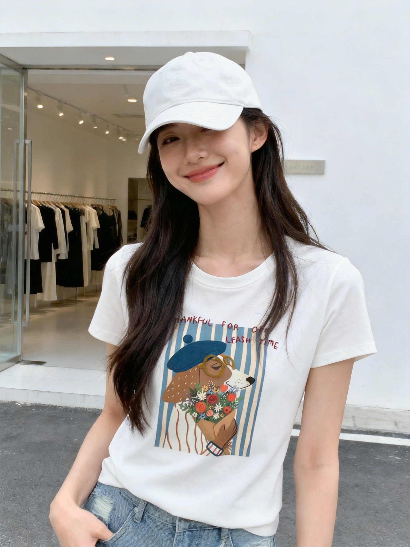 RY1823# 2026年夏季新款 韩系文艺风抱花小狗 印花刺绣撞色纯棉短袖 T恤女