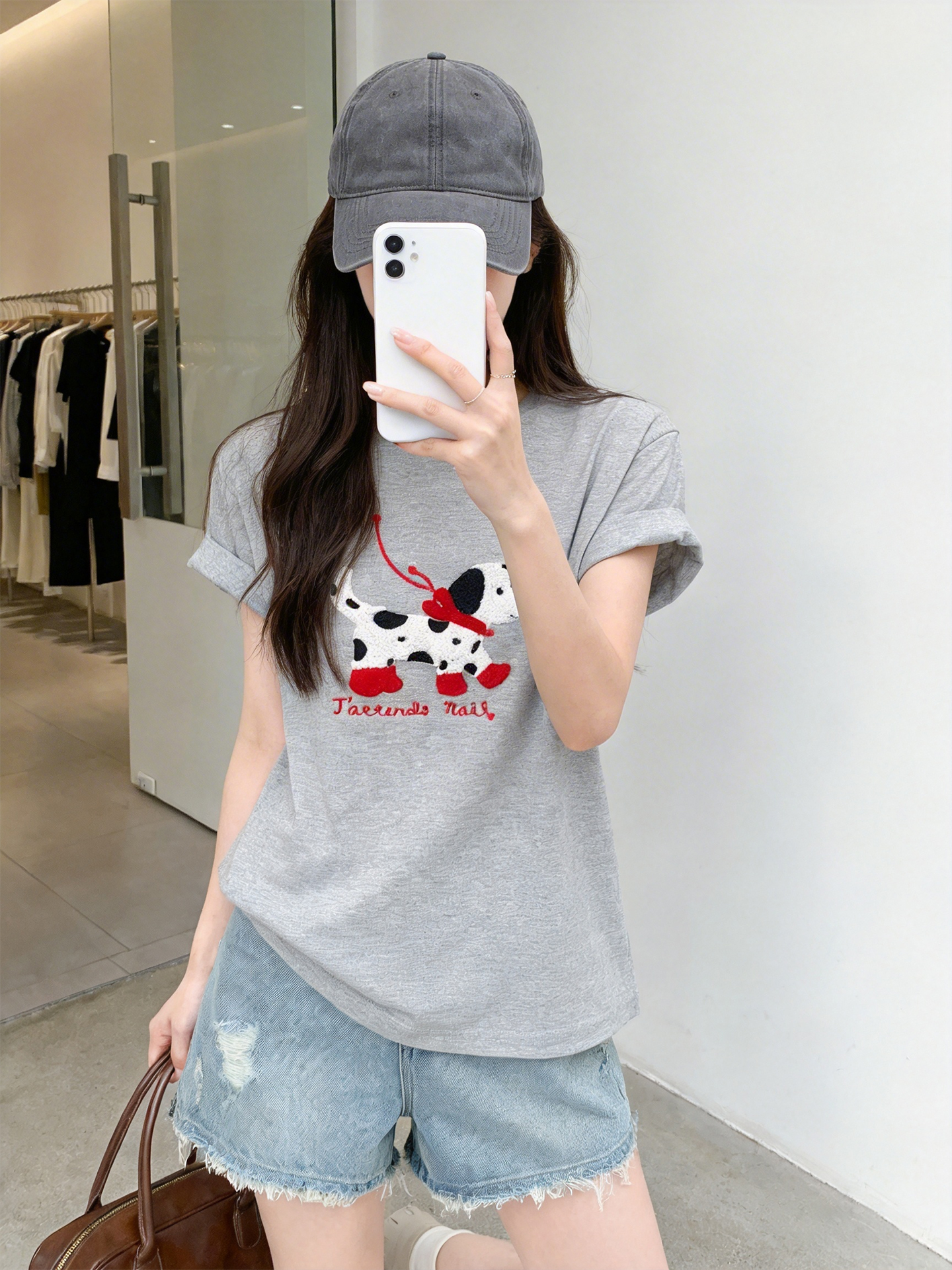 RY1822# 2026夏季新款毛巾绣工艺斑点狗刺绣短袖 T 恤女 韩系减龄圆领上衣