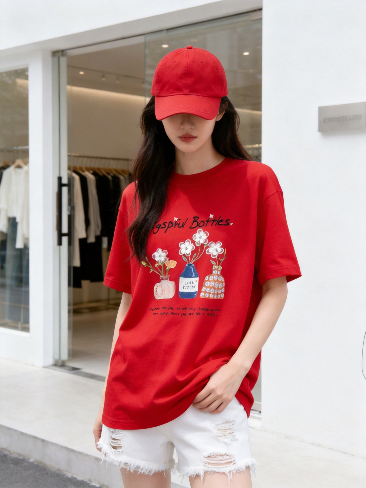 RY1821# 2026年夏季新款230G重磅纯棉ins风小众设计感花朵宽松落肩T恤女