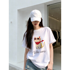 批发2026夏新款韩系慵懒风酷拽猫咪印花<b class='q'>T</b><b class='q'>恤</b>宽松显瘦百搭白色短袖上衣