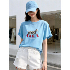 批发2026年夏季新款斑点狗穿靴子T恤女韩系chic慵懒风纯棉短袖百搭T恤